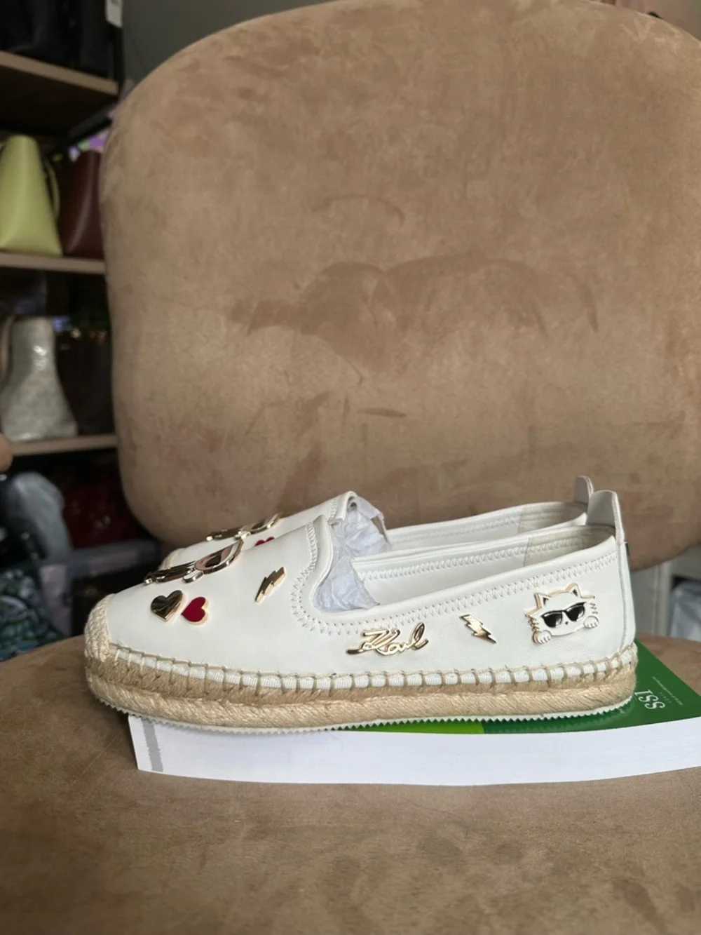 Karl Lagerfeld White Espadrille Slip-On Flats w/ Enamel Charms US6.5 New w/o Box
